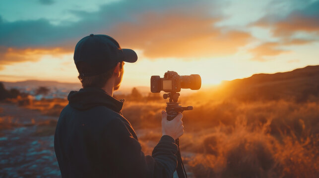 YouTube content creator filming a vlog using a handheld camera in an outdoor setting