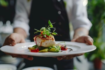 A person is holding a black plate with a salad on it,generative ai image