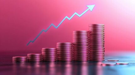 Financial Growth Concept: Coins Stacked in Ascending Order with Upward Arrow