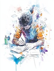 A watercolor illustration depicting a writer deeply engrossed in their craft, surrounded by a flurry of ideas and inspiration. The scene symbolizes creativity, focus, and the process of bringing thoug