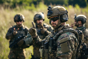 Fototapeta premium Special Forces operator communicating with teammates in tactical gear, showcasing teamwork and readiness in natural setting. focus is on their strategic coordination and military professionalism