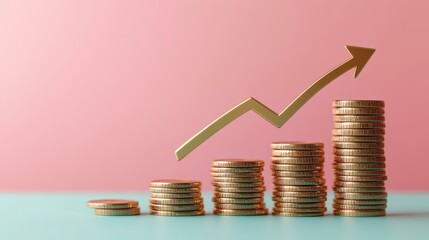 Golden Coins Stacked with Arrow Pointing Upwards: Financial Growth Concept