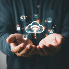 Hands Holding Cloud Technology, Wi-Fi Icons, Global Connectivity Icons, and Communication Icons