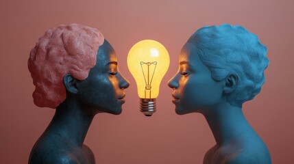 Fototapeta premium Glowing Lightbulb Between Two Figures: A Conceptual Art Piece