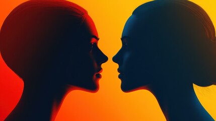 Two Silhouettes of Women in Red and Blue Light