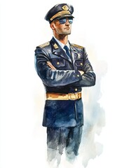 A watercolor illustration of a confident pilot in uniform, standing with arms crossed. The image evokes a sense of authority, professionalism, and readiness for action. It is a perfect representation 
