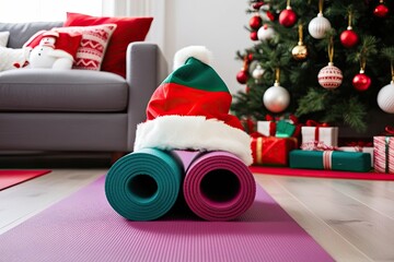 Vibrant Yoga Mat with Snowman Hat in Festive Home for Holiday Fitness and Seasonal Cheer