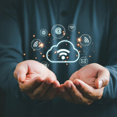 Hands Holding Cloud Technology, Wi-Fi Icons, Global Connectivity Icons, and Communication Icons