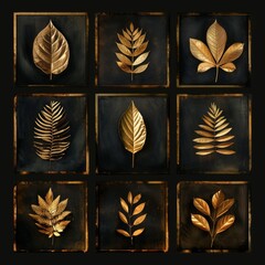 Canvases adorned with golden leaves, showcasing a botanical art design that captures the elegance