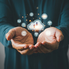 Hands Holding Cloud Technology, Wi-Fi Icons, Global Connectivity Icons, and Communication Icons