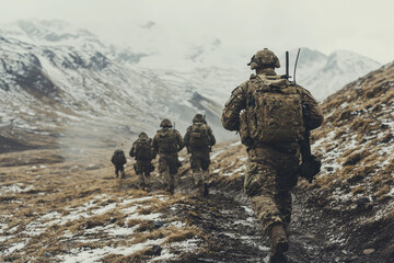 A Special Forces soldier leading team through rugged terrain, showcasing determination and teamwork in challenging environment. backdrop features snow capped mountains and dramatic landscape