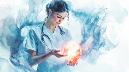 A watercolor illustration of a female nurse in a white uniform, holding a glowing orb in her hands. The illustration symbolizes hope, healing, care, compassion, and the power of the human spirit.