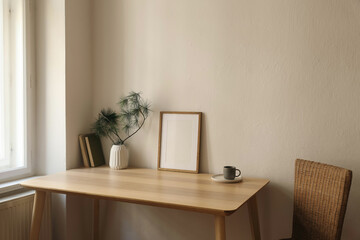 Cozy Christmas interior. Minimal winter home composition. Blank vertical wooden picture frame mockup, cup of coffee on table near window. Pine tree branches, white vase. Beige wall background