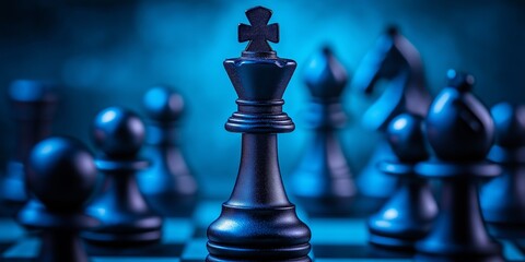 A close-up view of a black chess king with a blurred blue background, focusing on strategic gameplay and power.
