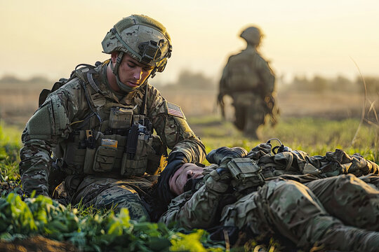 A Special Forces soldier providing medical assistance to an injured comrade in serene outdoor setting. scene captures dedication and bravery of military personnel during critical moments