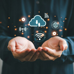 Hands Holding Cloud Technology, Wi-Fi Icons, Global Connectivity Icons, and Communication Icons
