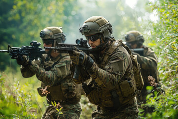 Fototapeta premium Special Forces team conducting reconnaissance mission in dense forest, showcasing tactical gear and weapons. atmosphere is intense and focused, highlighting their professionalism and readiness