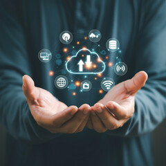 Hands Holding Cloud Technology, Wi-Fi Icons, Global Connectivity Icons, and Communication Icons