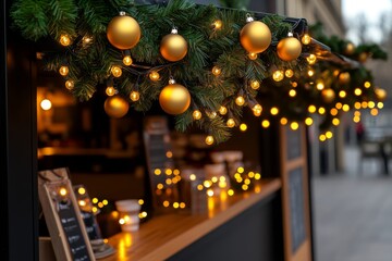 A festive awning decorated with Christmas lights, hanging above a holiday market stall selling warm drinks and gifts