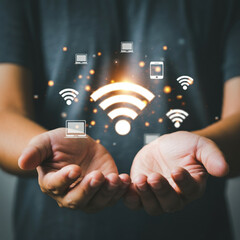 Hands Holding Cloud Technology, Wi-Fi Icons, Global Connectivity Icons, and Communication Icons