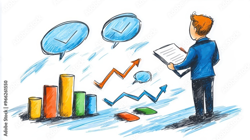 Poster a business professional analyzing colorful graphs and charts while considering data insights for str