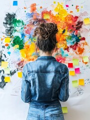 A woman stands in front of a wall covered in colorful paint splatters and sticky notes, symbolizing brainstorming, creativity, and idea generation. She is wearing a denim jacket, suggesting a casual a