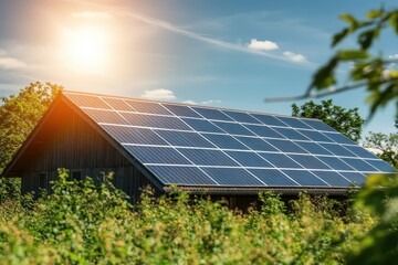 A beautiful house with solar panels surrounded by greenery under a bright sun, highlighting sustainable energy solutions.