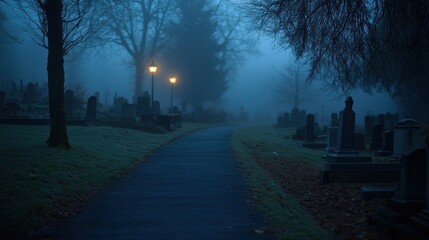 A foggy cemetery path illuminated by street lamps, creating a mysterious atmosphere.