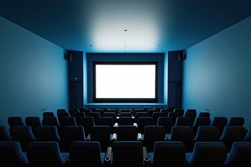 Fototapeta premium Emptiness of the Cinema with a Blank White Screen in a Tranquil Blue Atmosphere