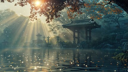 Buddhist monastery on the shore of the lake