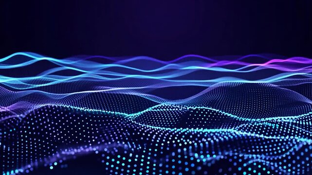 Abstract futuristic background in blue and purple colors, with particles waves moving on black background. Perfect for any project about technology, science or music