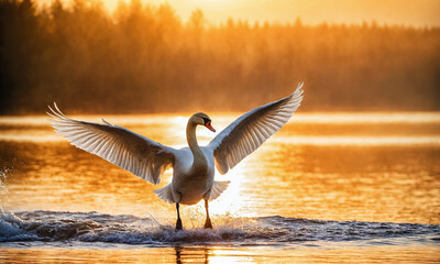 Łabędź wzbija się do lotu,  rozpostarte skrzydła, zach&oacute;d słońca jezioro.