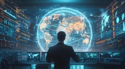 Obraz premium A Silhouetted Man Monitoring Global Data on Multiple Screens