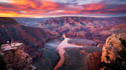 A photo of a scenic view of the Grand Canyon at sunset. The sky is painted with warm oranges, reds, and purples. The canyon is filled with a river that reflects the sky's colours.