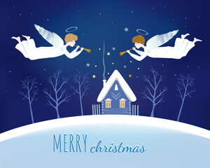 Vector scene with two angel flies over winter house. Christmas Eve. Hand drawn illustration.
