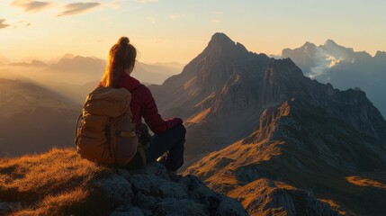 Traveler with yellow backpack watching mountain sunset.
