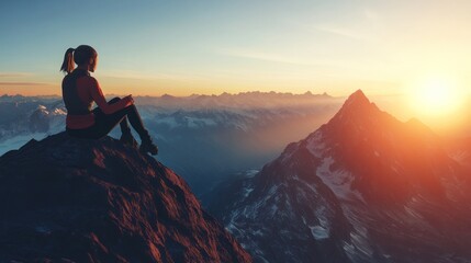 Hiker on mountain peak enjoying a stunning sunset.