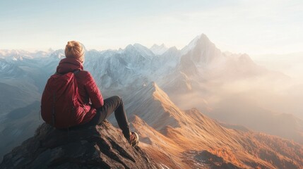 Fototapeta premium Hiker sitting on mountain summit during sunrise.