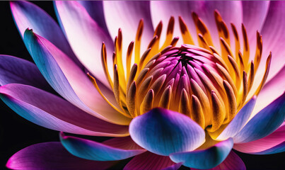 A vibrant water lily blossom with purple, blue, and yellow petals