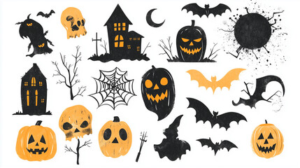 Grunge Illustration of Halloween Attributes Pack on Solid White Background, Spooky and Rough-Themed Design Elements