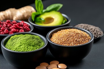 A holistic nutritionist preparing a meal plan, emphasizing the power of whole foods, superfoods, and natural supplements for all