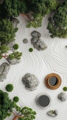 Japanese rock garden flat design top view mindfulness theme 3D render Complementary Color Scheme