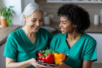 A home health nurse educating a patient on lifestyle changes, discussing how diet, exercise, and medication can improve their overall health