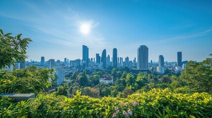 Fototapeta premium Cityscape captured with a wide lens, clear blue sky, and pristine air quality, with greenery embracing the urban environment in a harmonious balance.