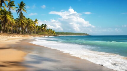 Obraz premium Tropical beach paradise with soft white sands and lush palm trees, inviting a relaxing getaway in a pristine natural environment