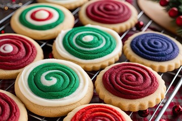Winter Cookie Showcase Closeup of Vibrant Swirl Designs in Festive Baking Display
