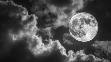 Obraz premium A large, luminous full moon surrounded by dramatic, dark clouds in a nighttime sky.