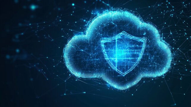 A digital cloud  in a futuristic style, with a glowing shield symbolizing data protection, security, and digital innovation within the cloud computing environment.