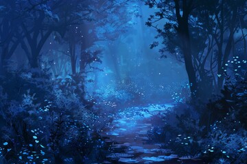 Enchanted blue forest path at night