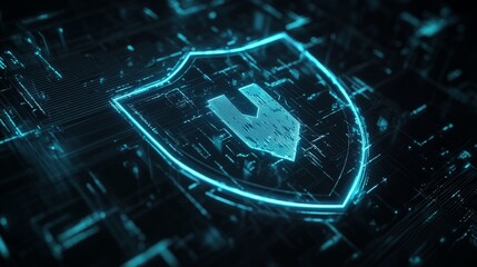 Fototapeta premium A digital shield graphic representing cyber security protection. The shield is formed by a network of digital lines